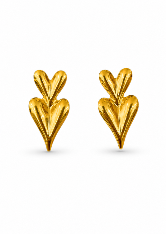 Aretes doble corazón cascada dorados acero inoxidable