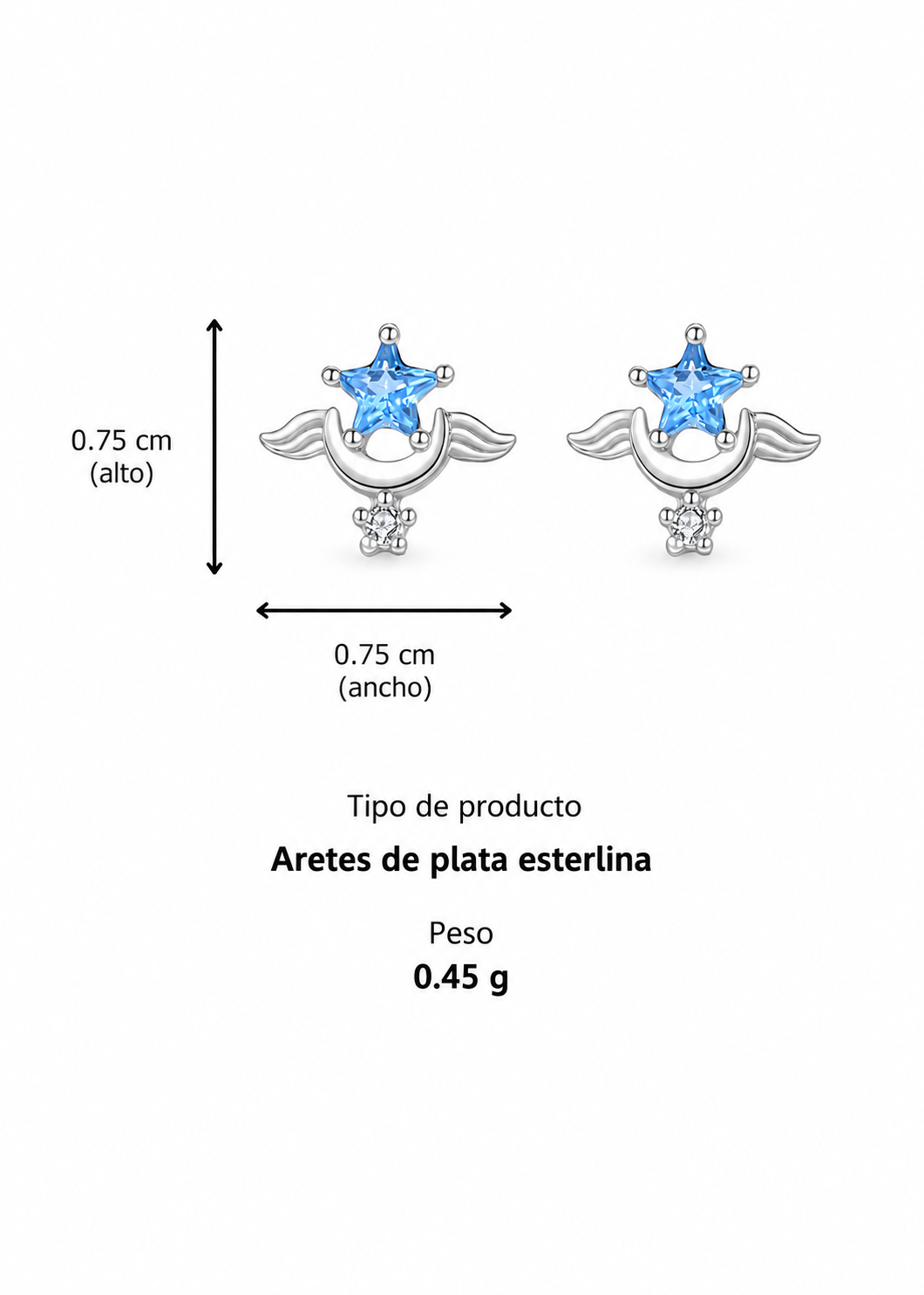 Aretes estrella y luna con alas Plata S999
