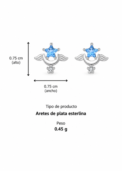 Aretes estrella y luna con alas Plata S999