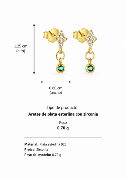 Aretes destello esmeralda plata de ley 925
