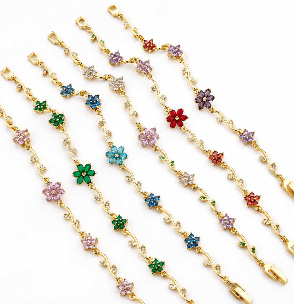 Pulsera de eslabones floral con zirconias chapa de oro 18k
