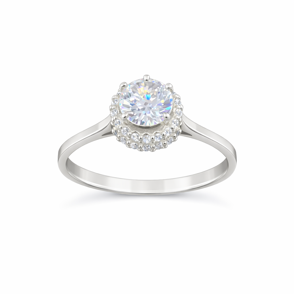 Anillo plata con zirconia central y halo de brillo