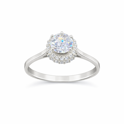 Anillo plata con zirconia central y halo de brillo