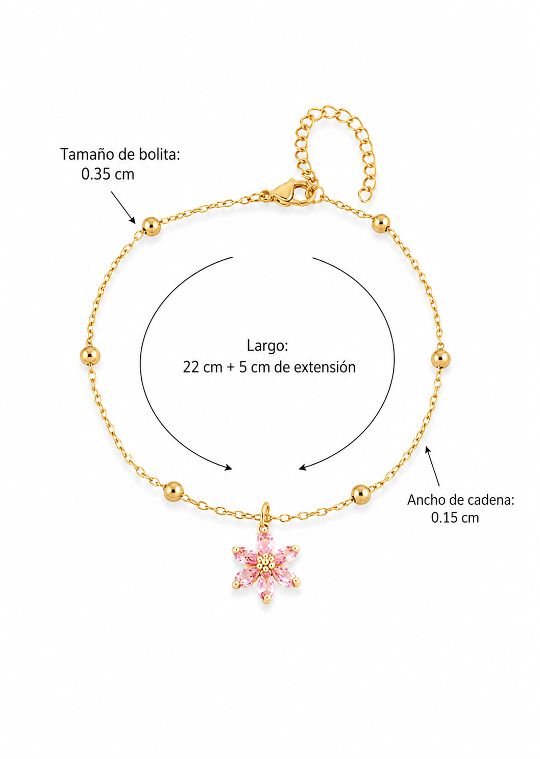 Tobillera de bolitas con flor acero inoxidable 201