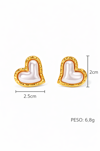 Aretes corazón perla inflado acero inoxidable
