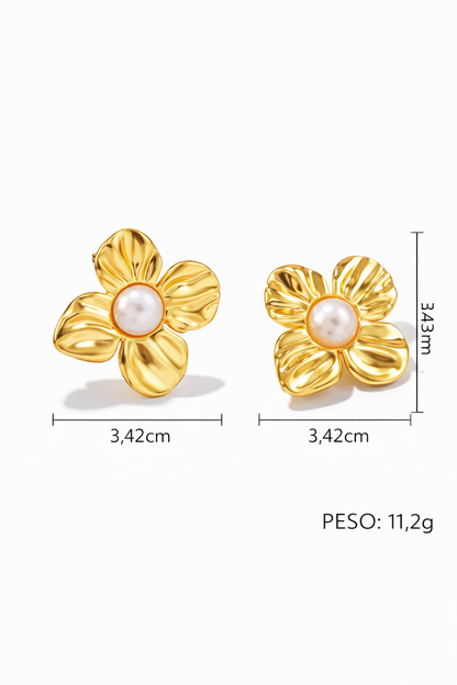 Aretes flor perla pétalos ondulados acero inoxidable