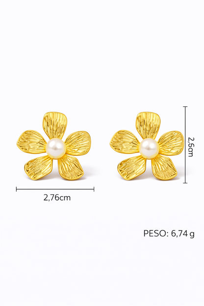 Aretes flor 5 pétalos con perla acero inoxidable