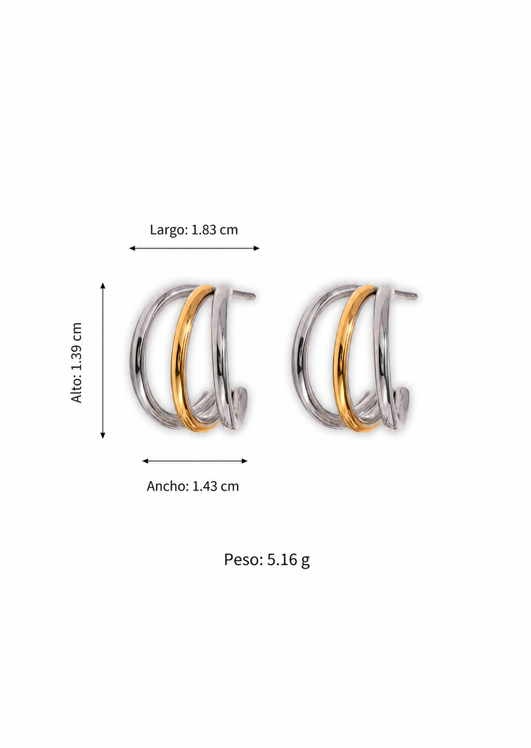 Aretes arracadas de aro triple bicolor acero inoxidable 304 Waterproof 💧