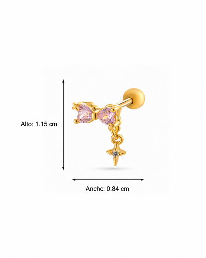 Piercing moño rosa con estrella colgante acero inoxidable 316L Waterproof 💧
