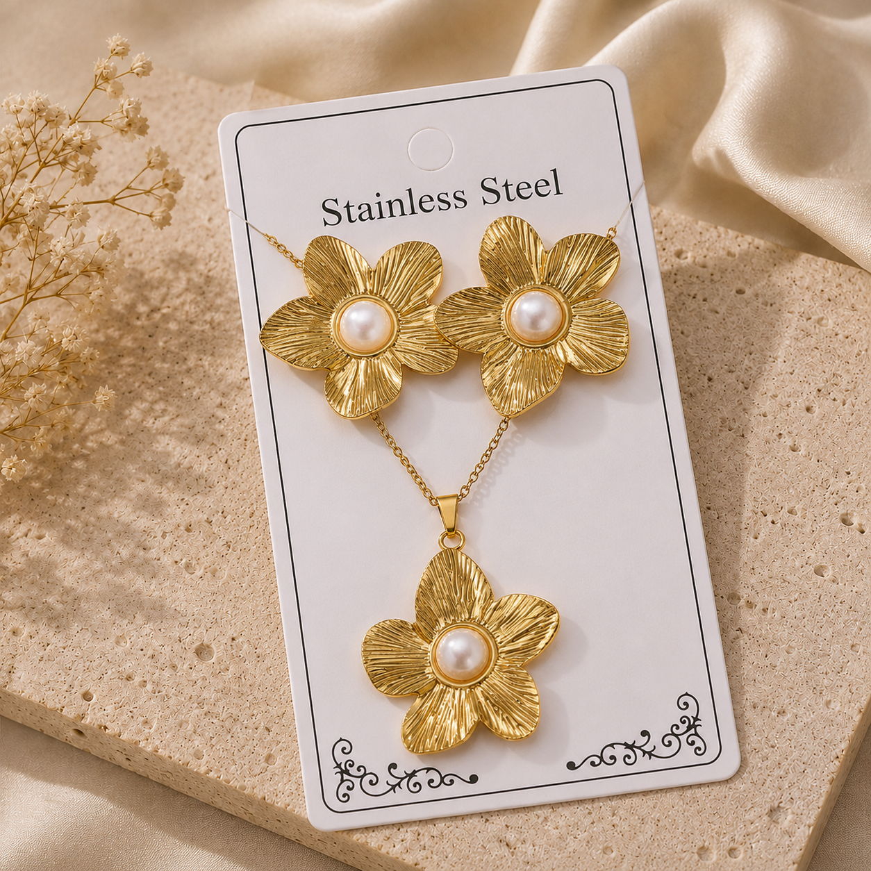Conjunto de flores doradas con perlas acero inoxidable
