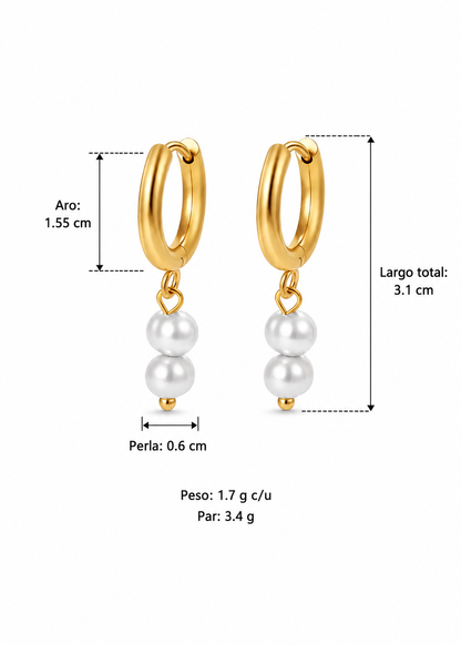 Aretes huggies con dos perlas acero inoxidable 304 Waterproof 💧