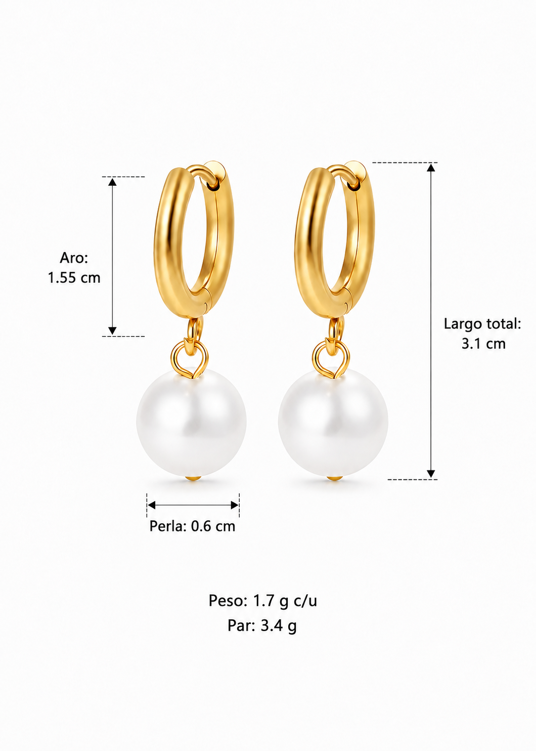 Aretes huggies con perla redonda acero inoxidable 304 Waterproof 💧