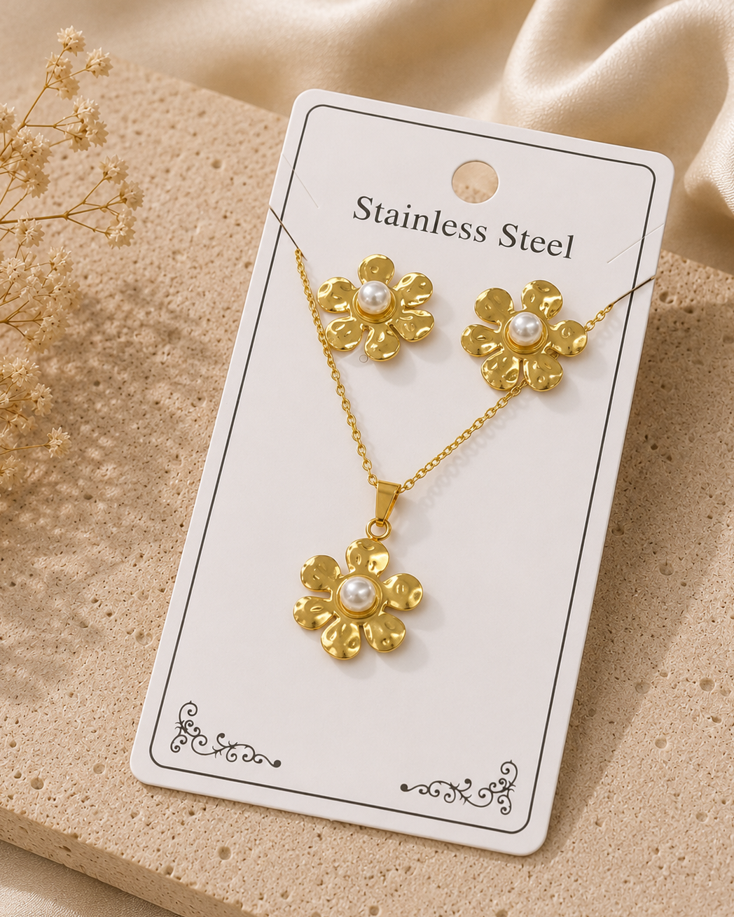 Conjunto de flor clásica con perla acero inoxidable