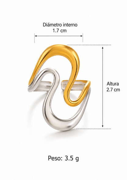 Anillo doble onda bicolor ajustable acero inoxidable