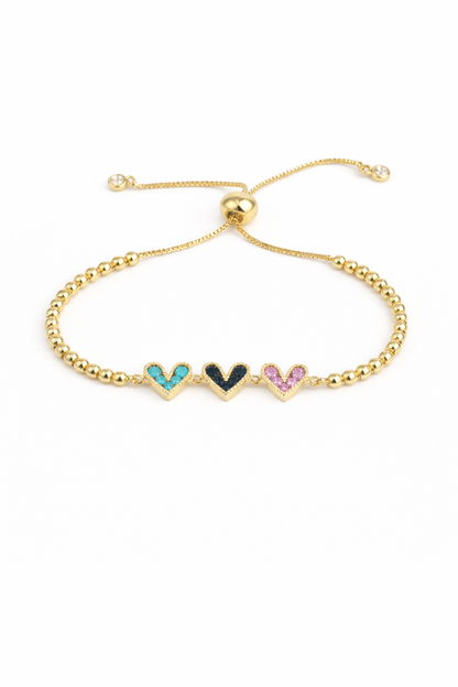 Pulseras tres corazones multicolor chapa de oro.