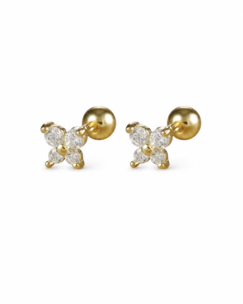 Aretes stud cuatro pétalos circón acero inoxidable 304 Waterproof 💧