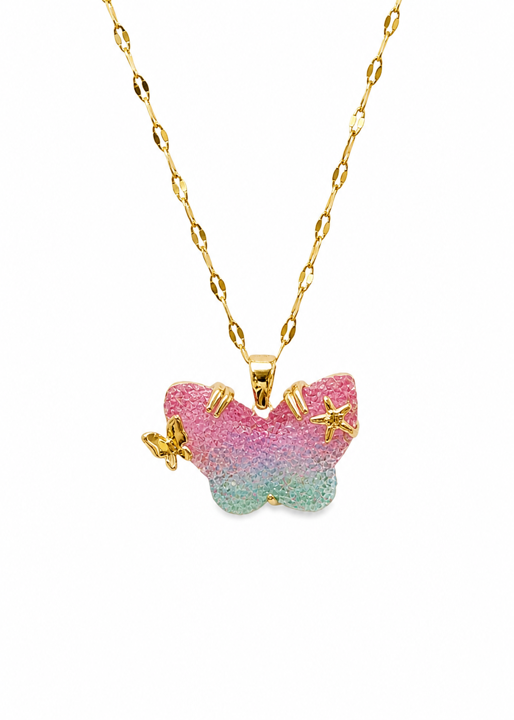 Collar mariposa piedra textura cristal con estrellas acero inoxidable