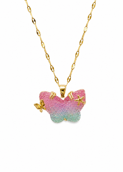 Collar mariposa piedra textura cristal con estrellas acero inoxidable