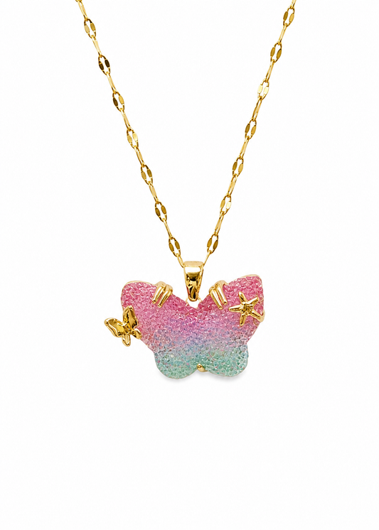 Collar mariposa piedra textura cristal con estrellas acero inoxidable