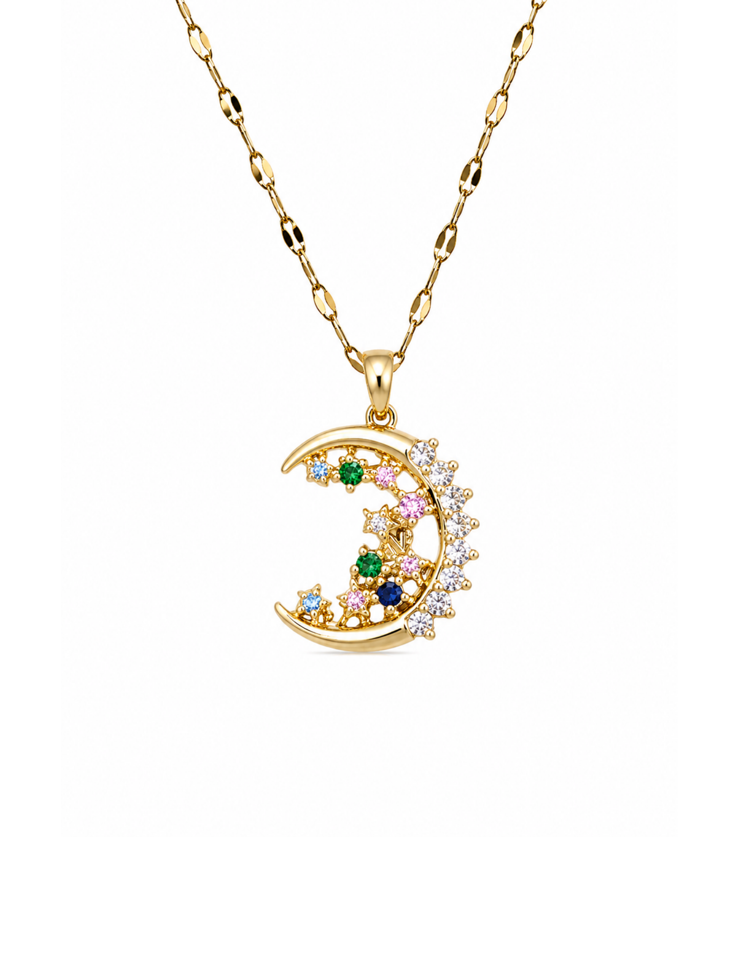 Collar luna con estrellas y zirconias acero inoxidable