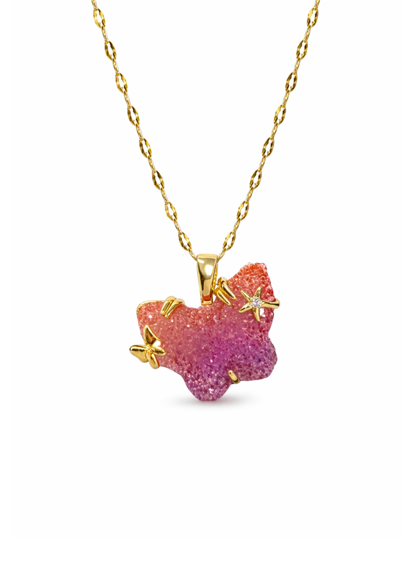 Collar mariposa piedra textura cristal con estrellas acero inoxidable