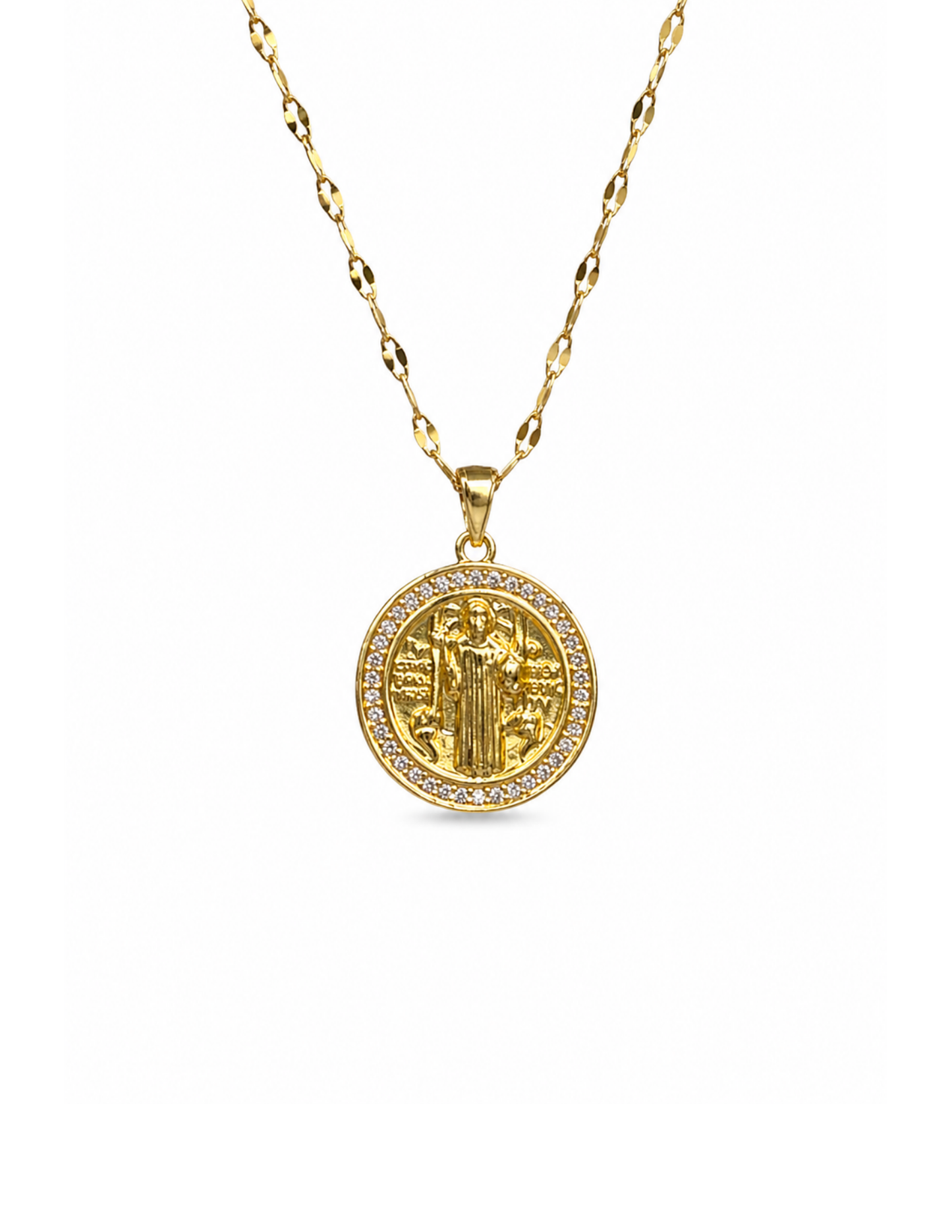 Collar medalla San Benito redonda con zirconias acero inoxidable