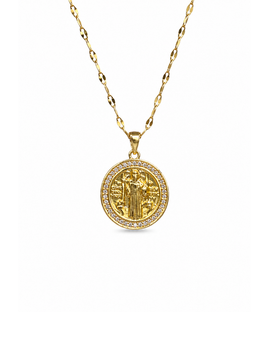 Collar medalla San Benito redonda con zirconias acero inoxidable