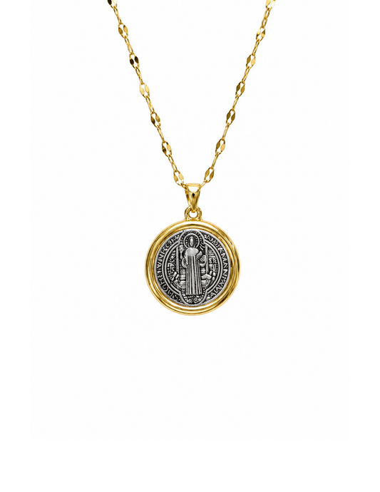 Collar medalla San Benito bicolor acero inoxidable