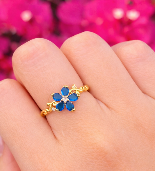 Anillo floral azul chapa de oro