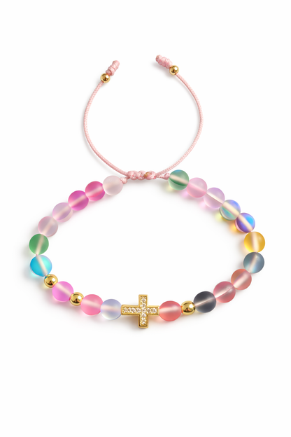 Pulsera ajustable piedras naturales con cruz de acero