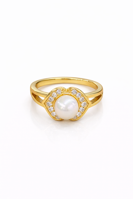 Anillo perla oval zirconias chapa de oro