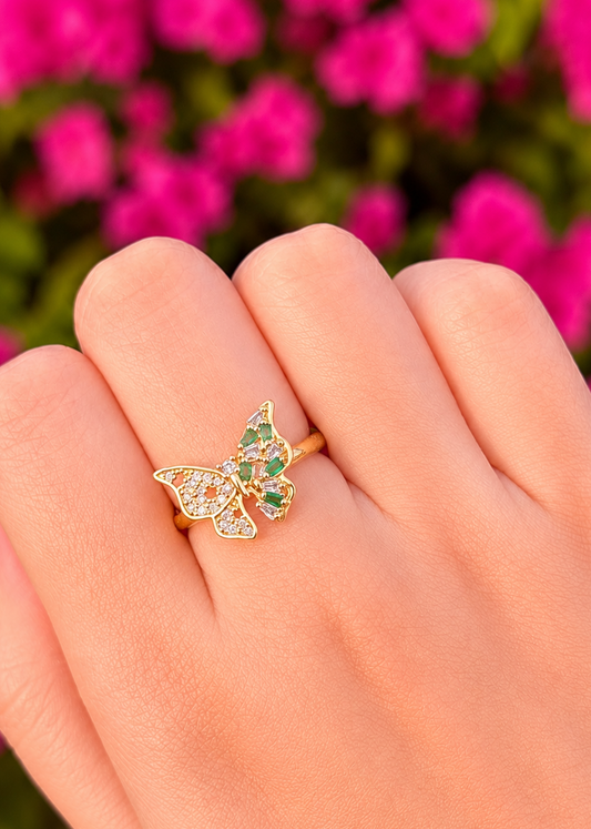 Anillo mariposa con cristales verdes chapa de oro