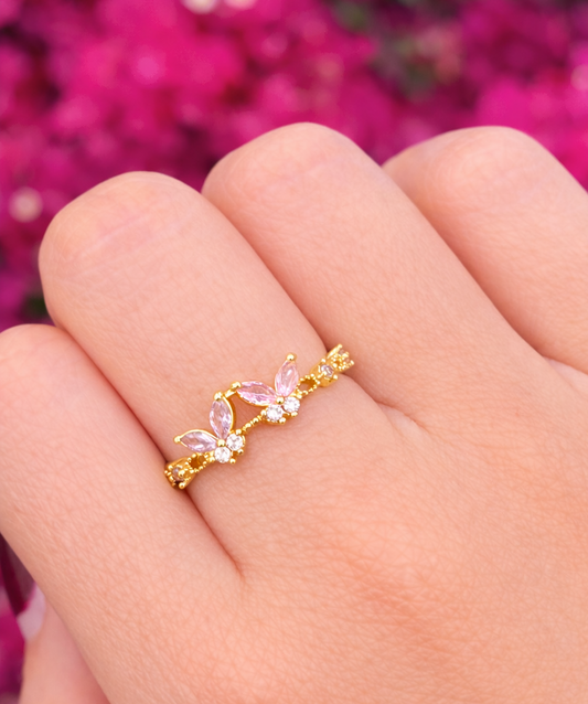 Anillo mariposa rosa y morada chapa de oro