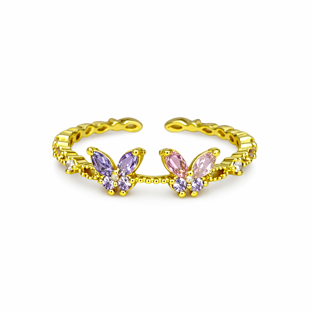 Anillo mariposa rosa y morada chapa de oro