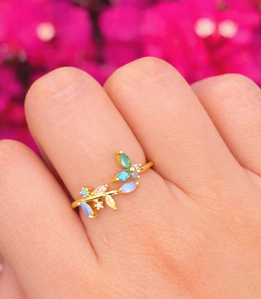 Anillo tonos azules con zirconias chapa de oro