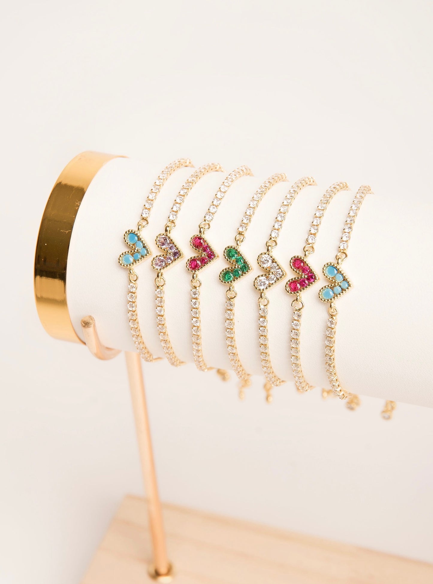 Pulseras corazón brillante tipo tenis chapa de oro