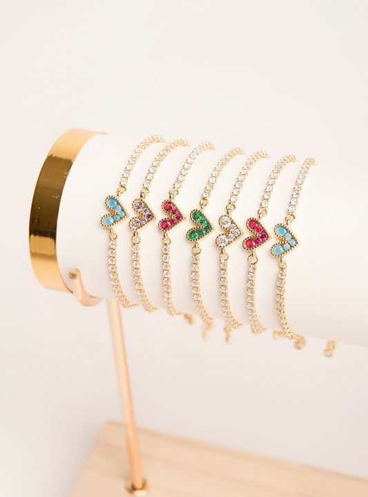 Pulseras corazón brillante tipo tenis chapa de oro