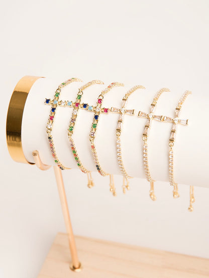 Pulsera cruz con zirconias chapa de oro