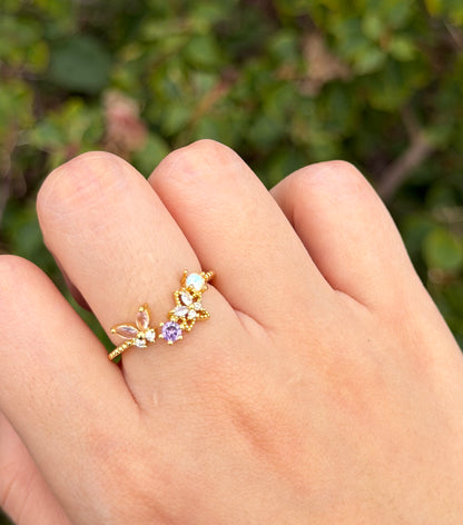 Anillo mariposa rosa y cristales chapa de oro