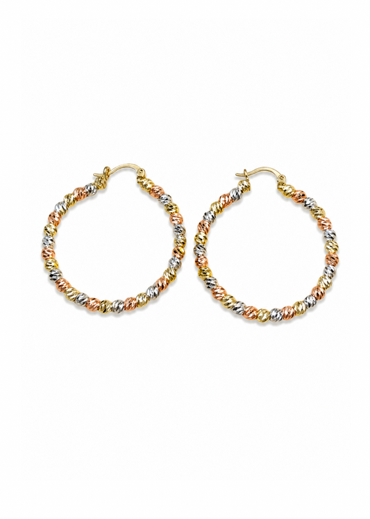 Aretes arracadas bolitas diamantadas tricolor baño de oro