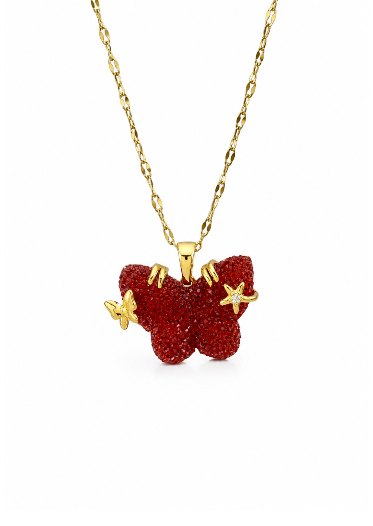 Collar mariposa piedra textura cristal con estrellas acero inoxidable