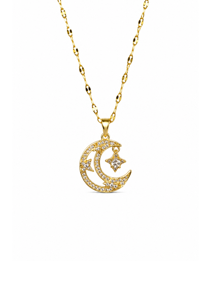 Collar luna con estrellas y zirconias acero inoxidable