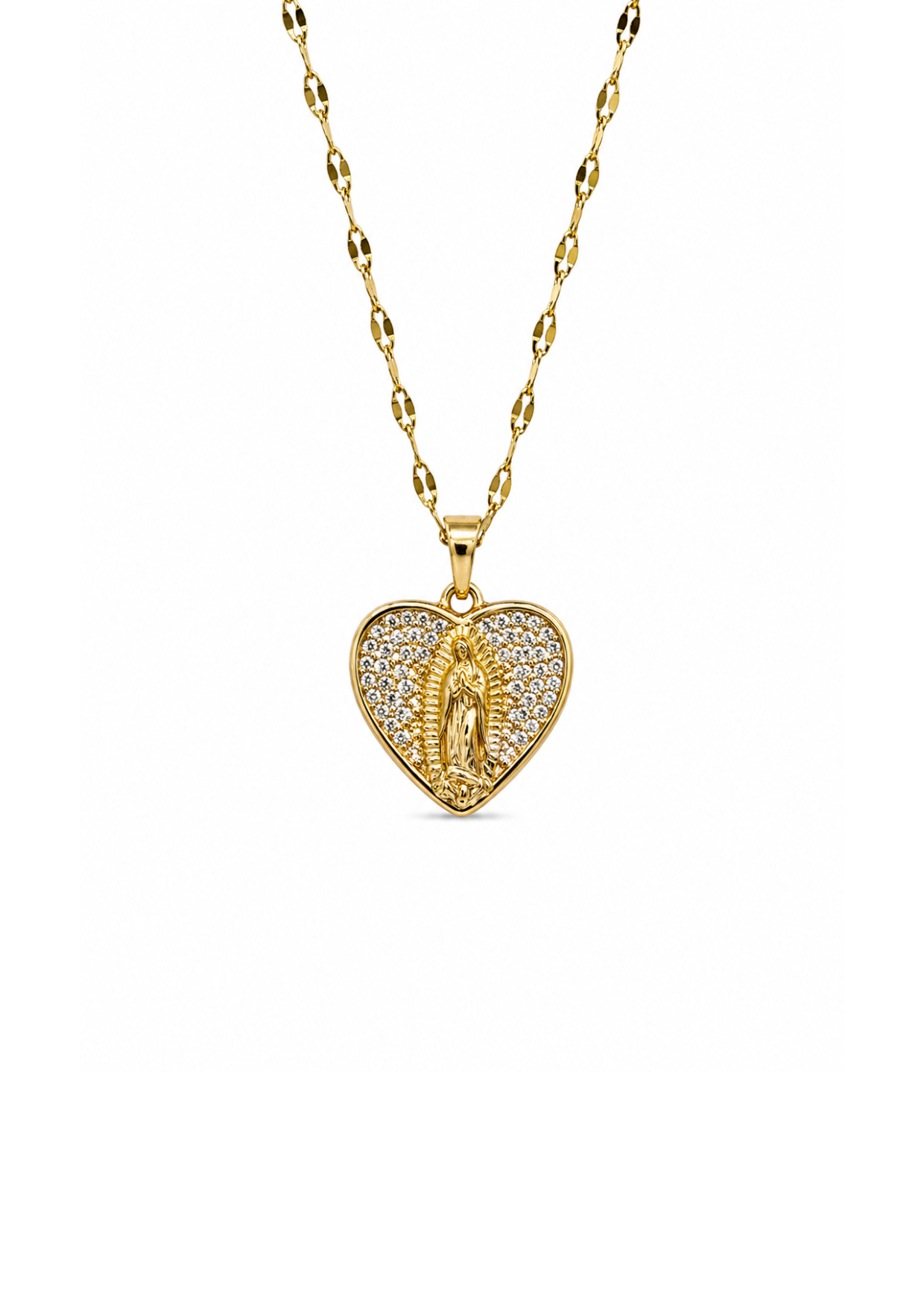 Collar corazón Virgen de Guadalupe con zirconias acero inoxidable
