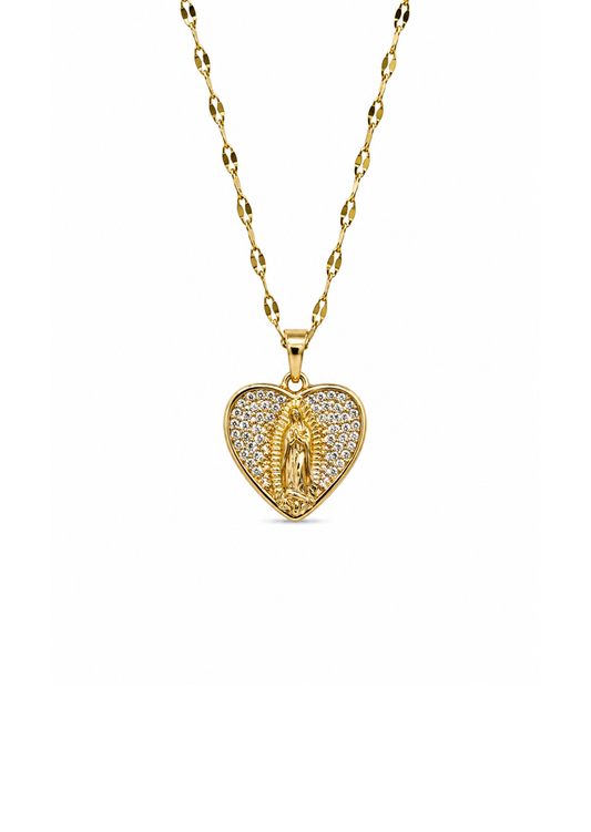 Collar corazón Virgen de Guadalupe con zirconias acero inoxidable