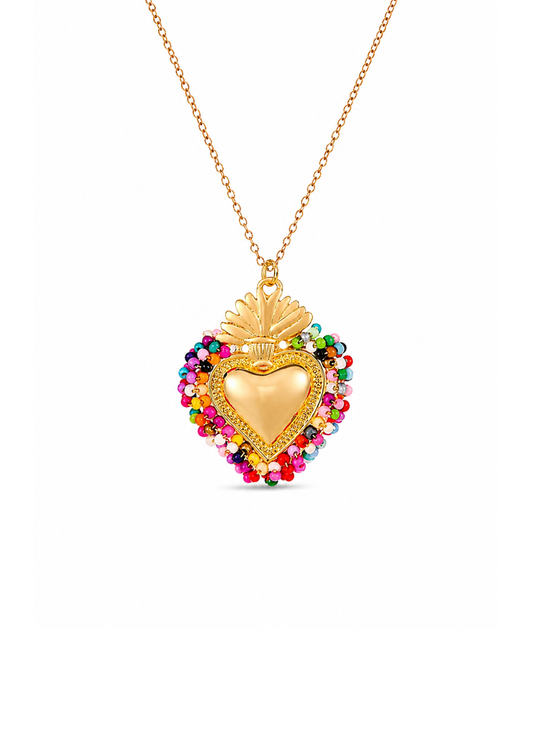 Collar corazón sagrado con chaquiras acero inoxidable