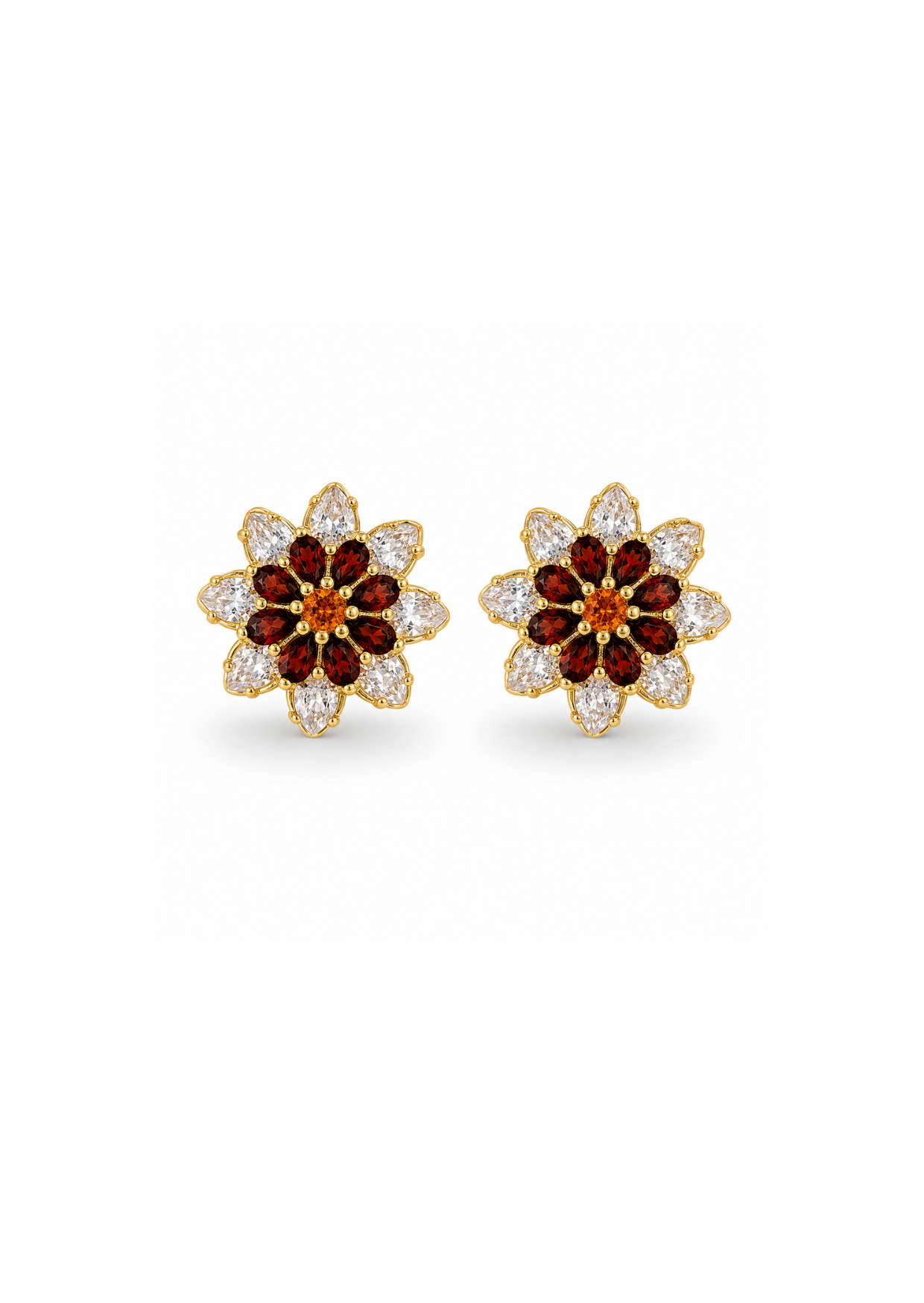 Aretes flor bicolor chapa de oro