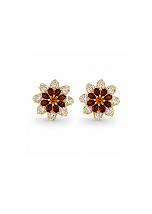Aretes flor bicolor chapa de oro
