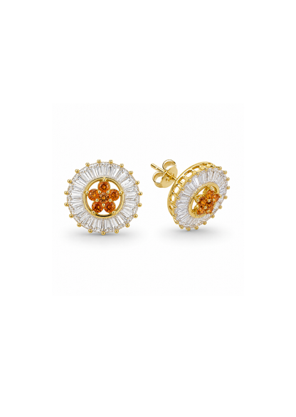 Aretes de corona radial en baguette con flor chapa de oro