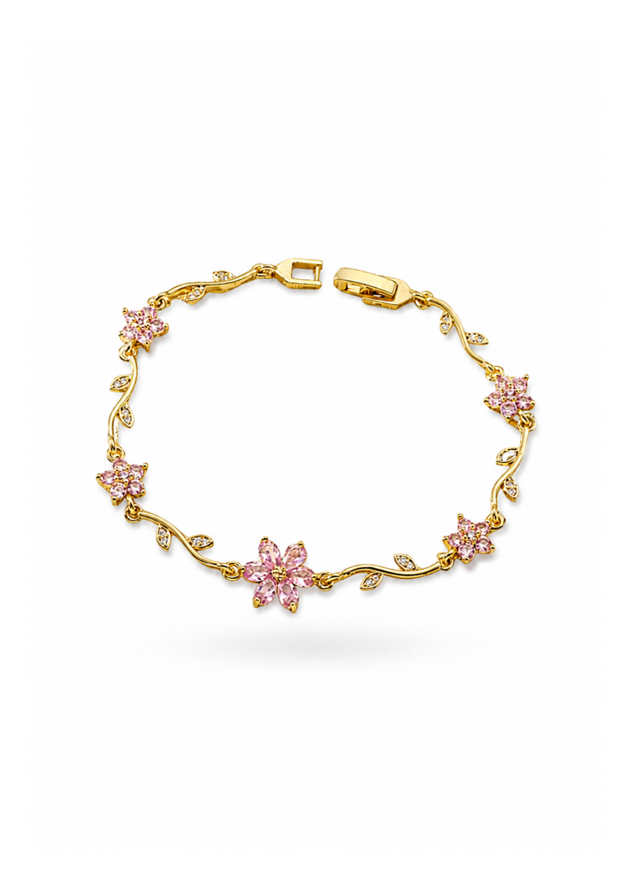 Pulsera de eslabones floral con zirconias chapa de oro 18k