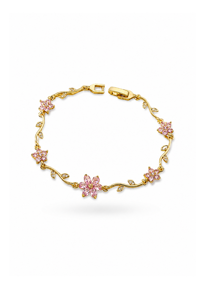 Pulsera de eslabones floral con zirconias chapa de oro 18k